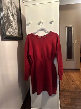 Knit Long-Sleeve Mini Dress in Deep Red